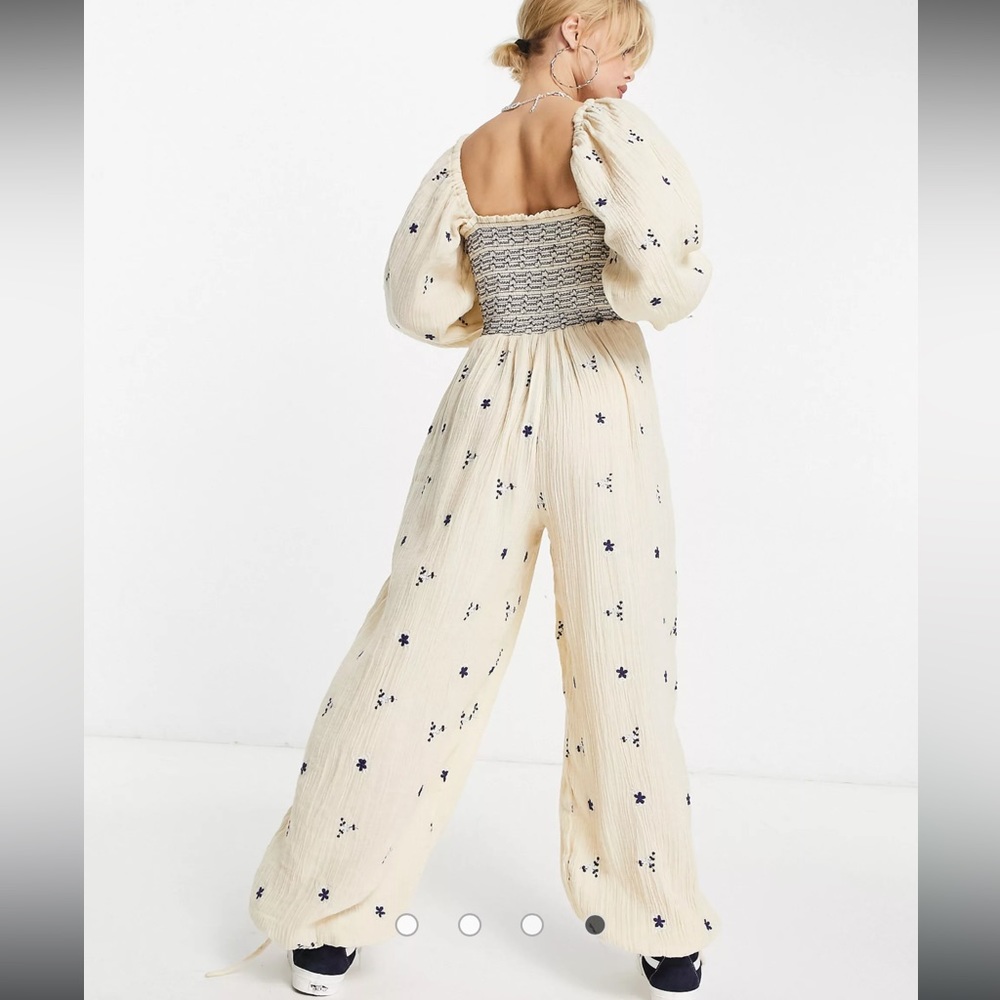 Free People embroidered detail boho crinkle jumpsuit in ecru - Picture 2 of 8